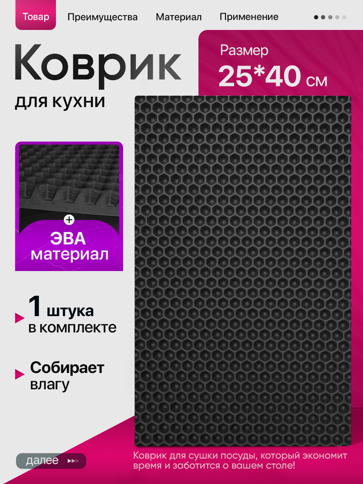 Кухонный эва коврик для сушки посуды 25х40см  черный / Eva Ева