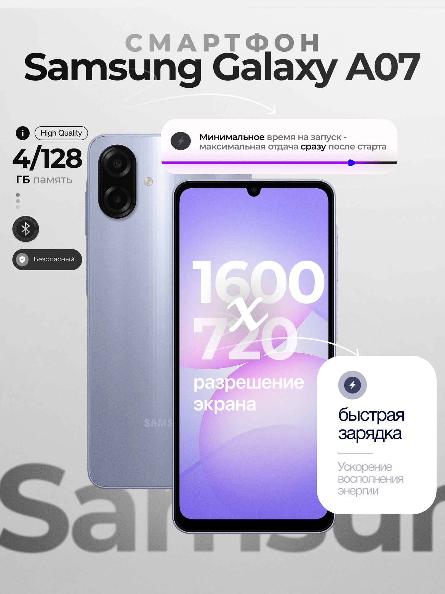 Смартфон Samsung Galaxy A07, экран 6.7", 4/128 ГБ, фиолетовый