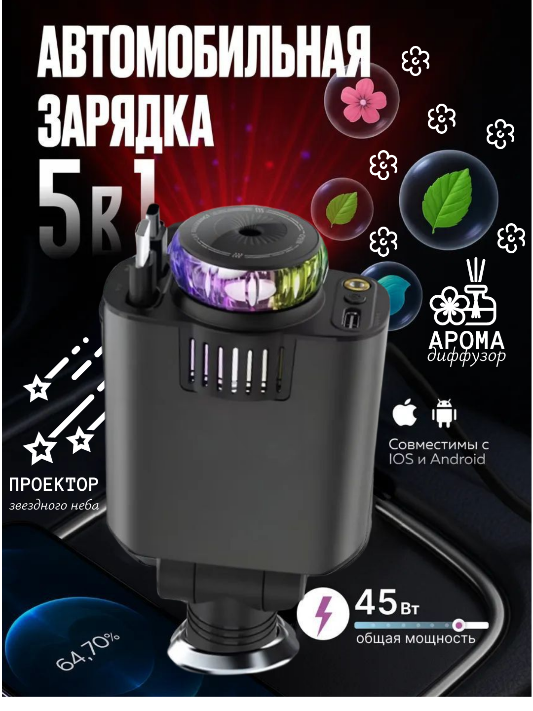 Автомобильная зарядка 5 в 1 с аромадиффузором и проектором, 45 Вт, Type-C, Lightning, USB