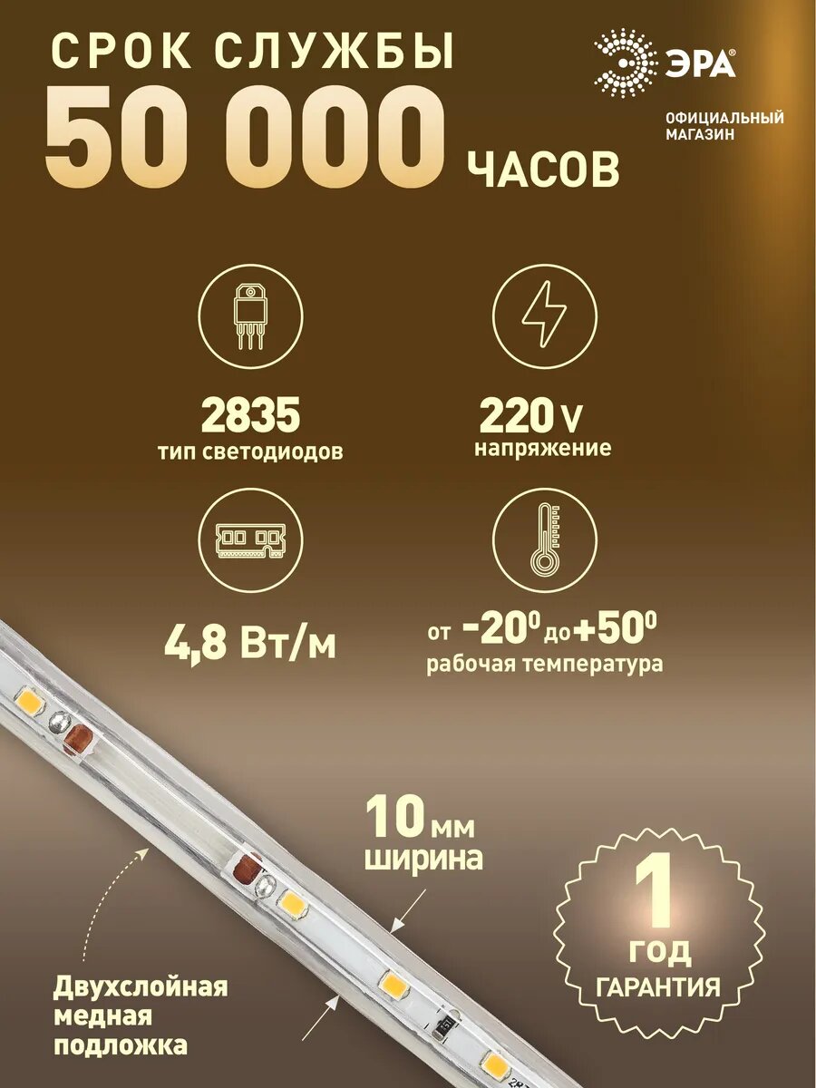 Картинки Светодиодная лента ЭРА 2835 уличная влагозащищенная 20м 4,8w теплый белый свет