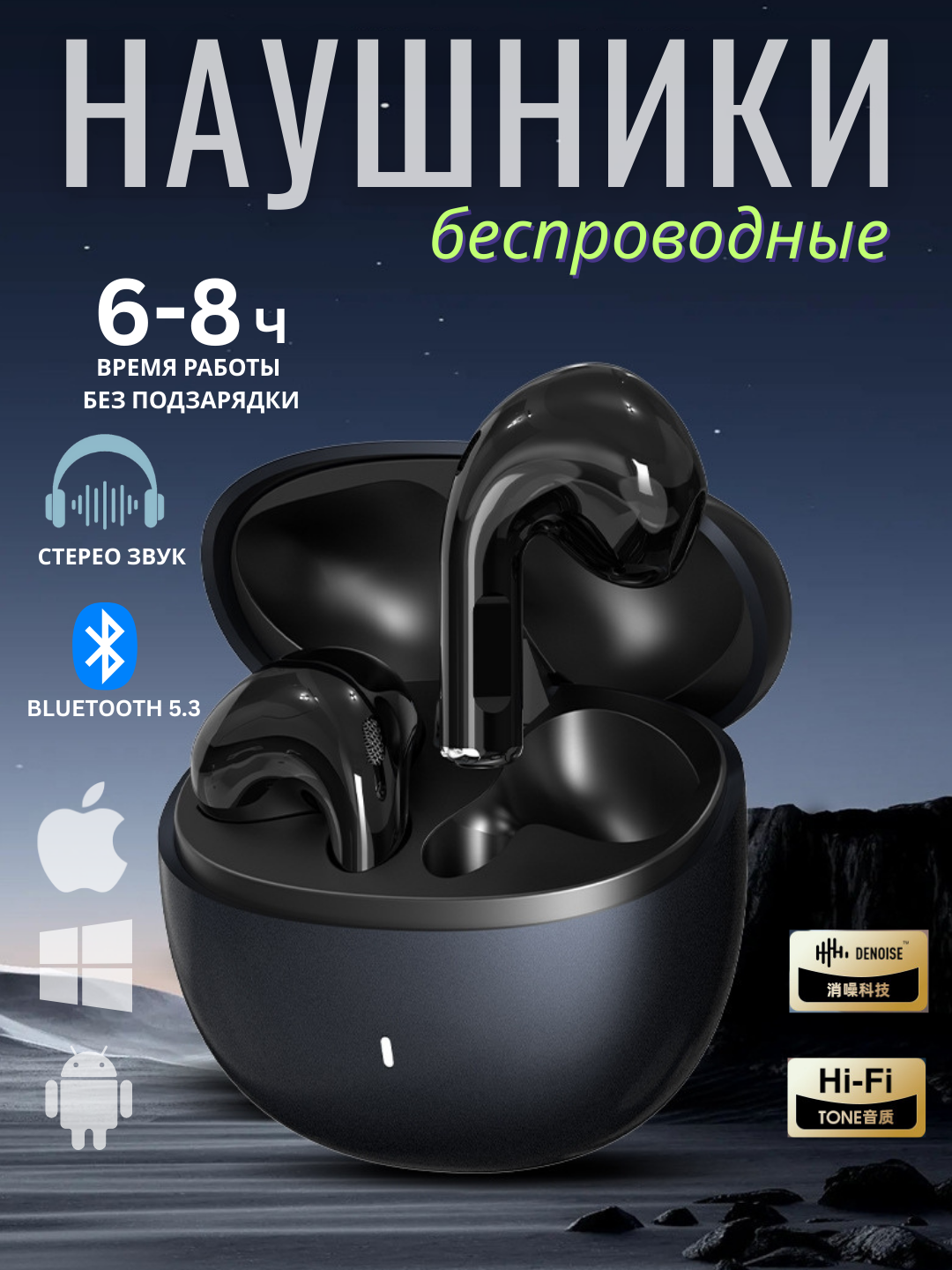 Наушники беспроводные, Hi-Fi чип с шумоподавлением, полувкладыши, высокое качество, 5.3 Bluetooth-гарнитур
