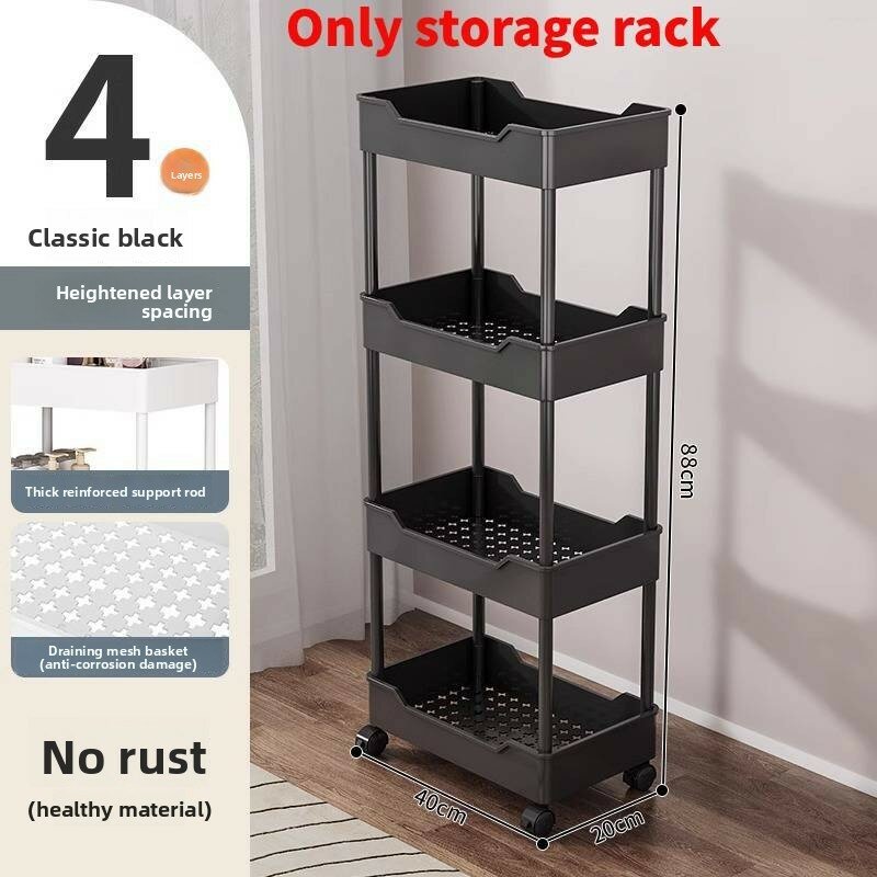 Narrow plastic 4 layer rolling storage cart for home office kitchen and bathroom organization four storey 20cm black