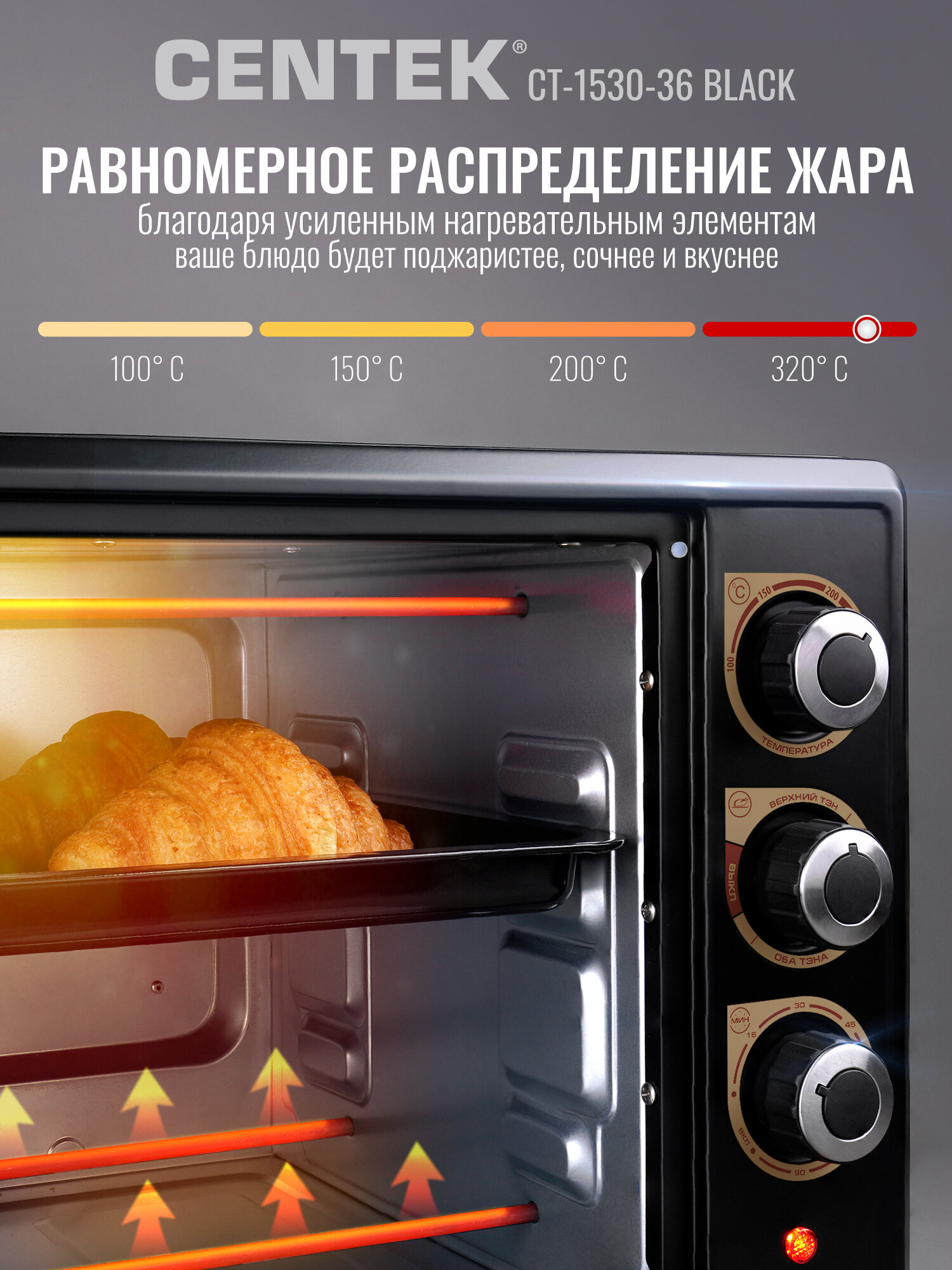 Мини печь Centek CT-1530-36 BLACK мини печь для дома/кухни/дачи, 36л, мощность 1600Вт, таймер 120мин, 4 режима работы — фото 1