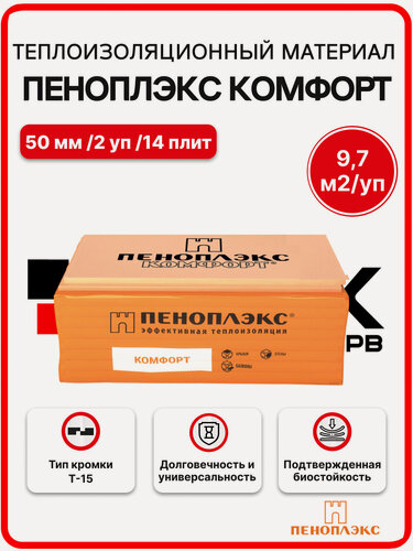 Изображение товара Пеноплекс Комфорт 50 мм ( 2 уп. / 9,7 м2 / 14 плит) утеплитель из пенополистирола (XPS, эппс) для стен, крыши, пола