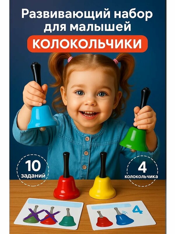 Развивающий набор IQ-ZABIAKA "Умные колокольчики" 10 заданий, 4 колокольчика, для детей и малышей