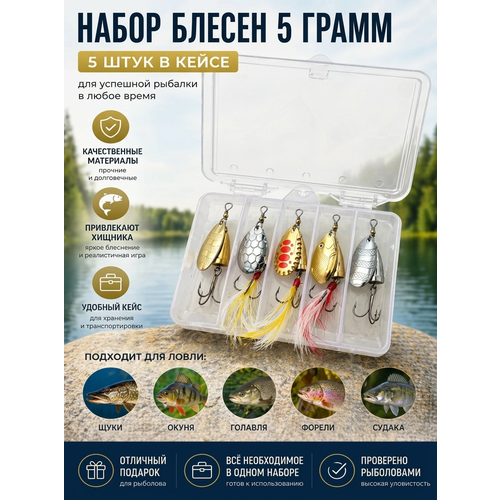 Набор блёсен-вертушек для рыбалки (5 шт, 5 грамм) – универсальные, на щуку, окуня, судака, форель, карпа + кейс