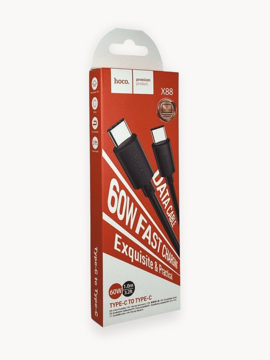Кабель Type-C - Type-C 3А, 60Вт Hoco X88, длина: 1 м, цвет: черный