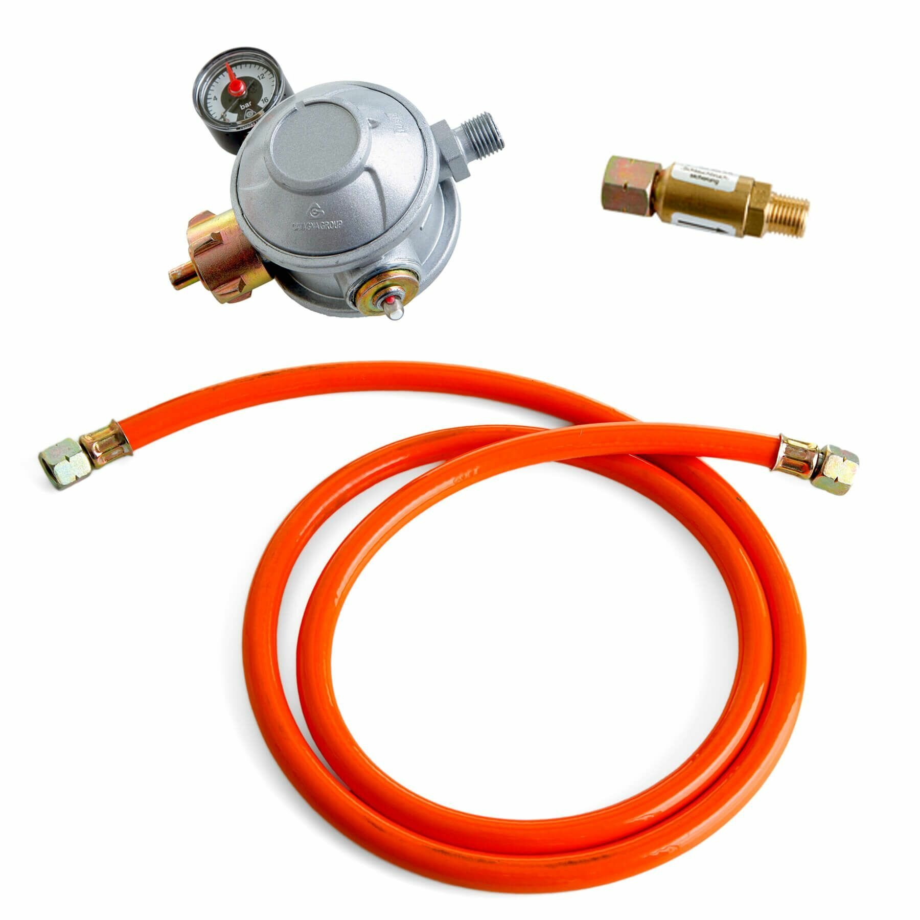 Редуктор газовый 50 мбар для пропановых баллонов, со шлангом 1,5 метра и защитой от поломки Pаella World