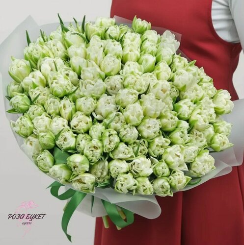 Изображение товара Букет цветов, из белых пионовидных тюльпанов, 101 шт. Долгий букет, Красивый букет цветов, Премиум букет