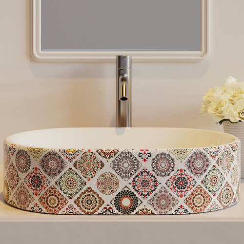 Изображение товара Раковина чаша накладная для ванной овальная Paffoss белая с рисунком 53 см.