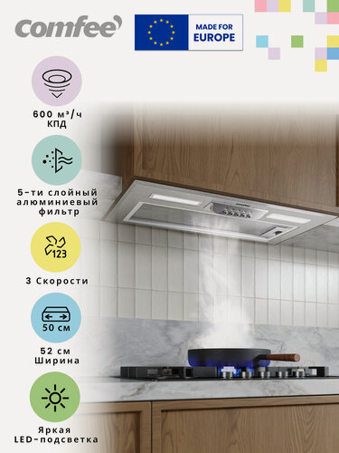 Изображение товара Вытяжка встраиваемая CHI601X, 52 см, 3 скорости, 600 м3/ч, 2 LED-лампы, отвод/рециркуляция, жировой алюминиевый фильтр