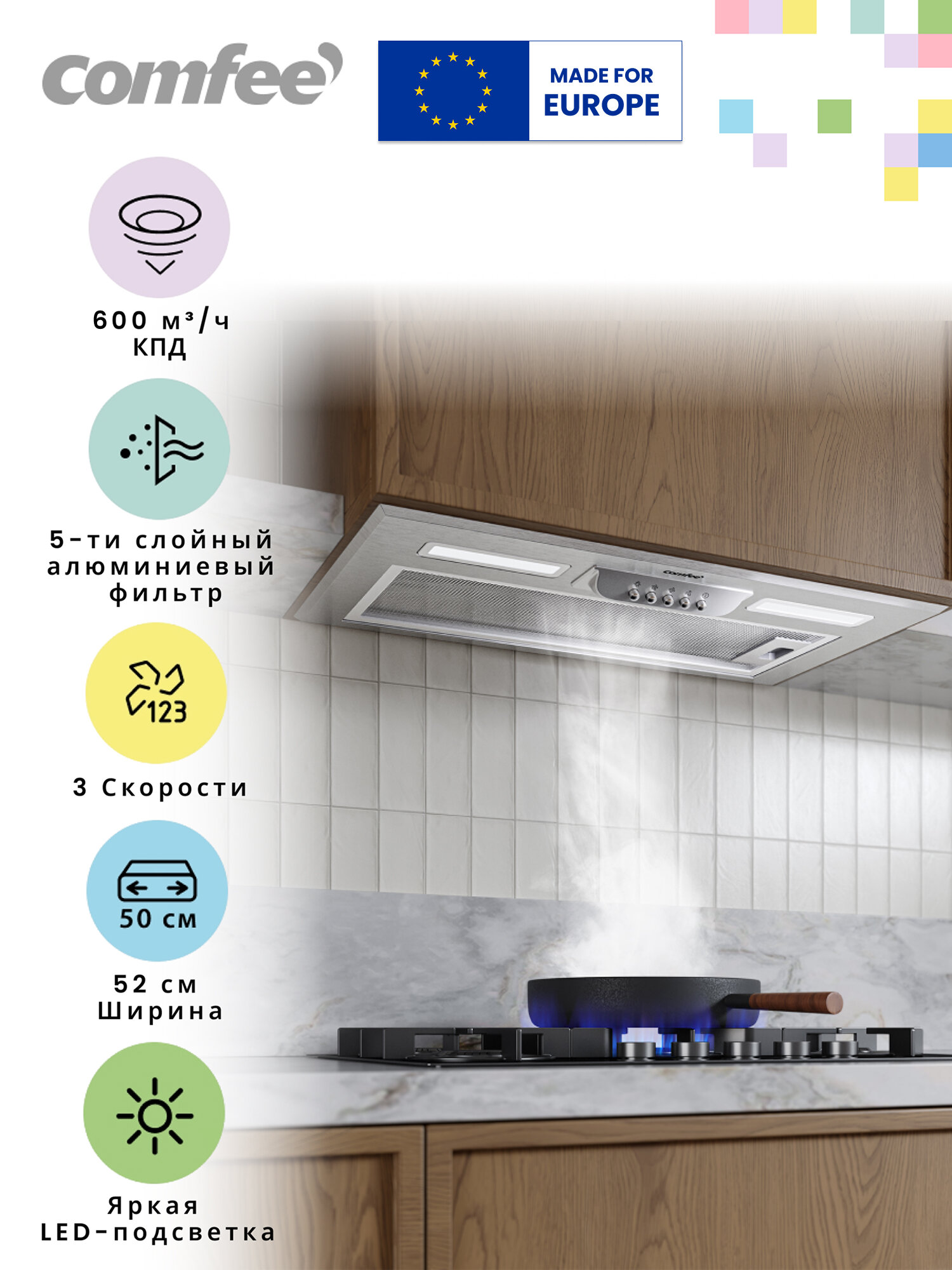 Вытяжка встраиваемая CHI601X, 52 см, 3 скорости, 600 м3/ч, 2 LED-лампы, отвод/рециркуляция, жировой алюминиевый фильтр