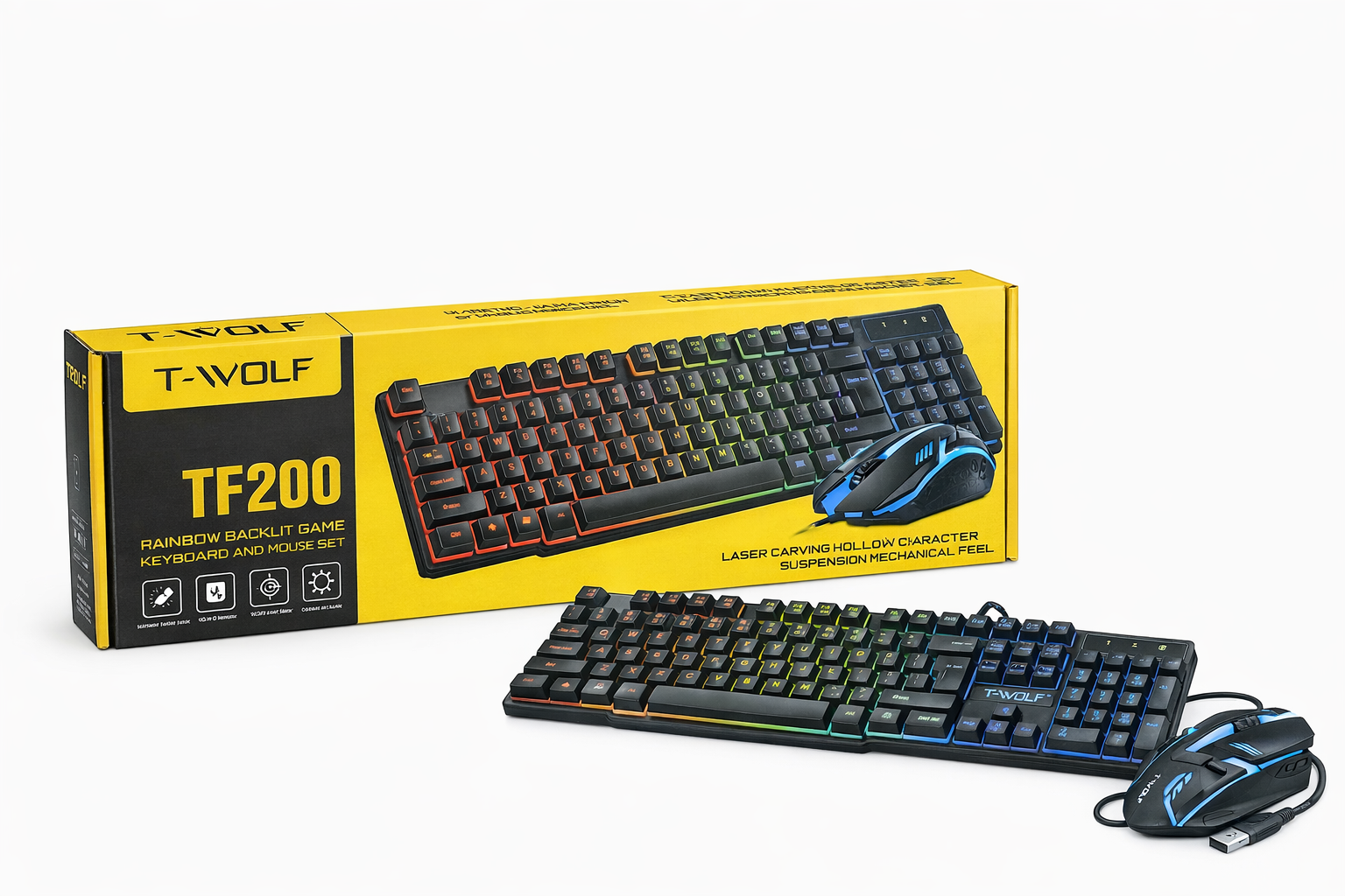 Игровой комплект T-WOLF TF200, клавиатура и мышь, RGB подсветка, проводное соединение, для ПК