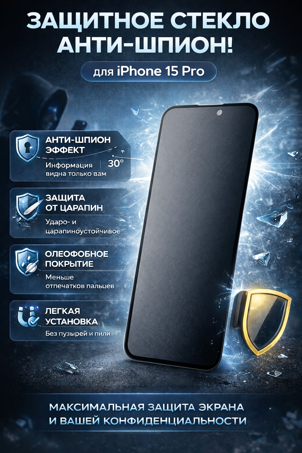 Защитное стекло анти-шпион для iPhone 15 Pro — анти шпион, олеофобное покрытие