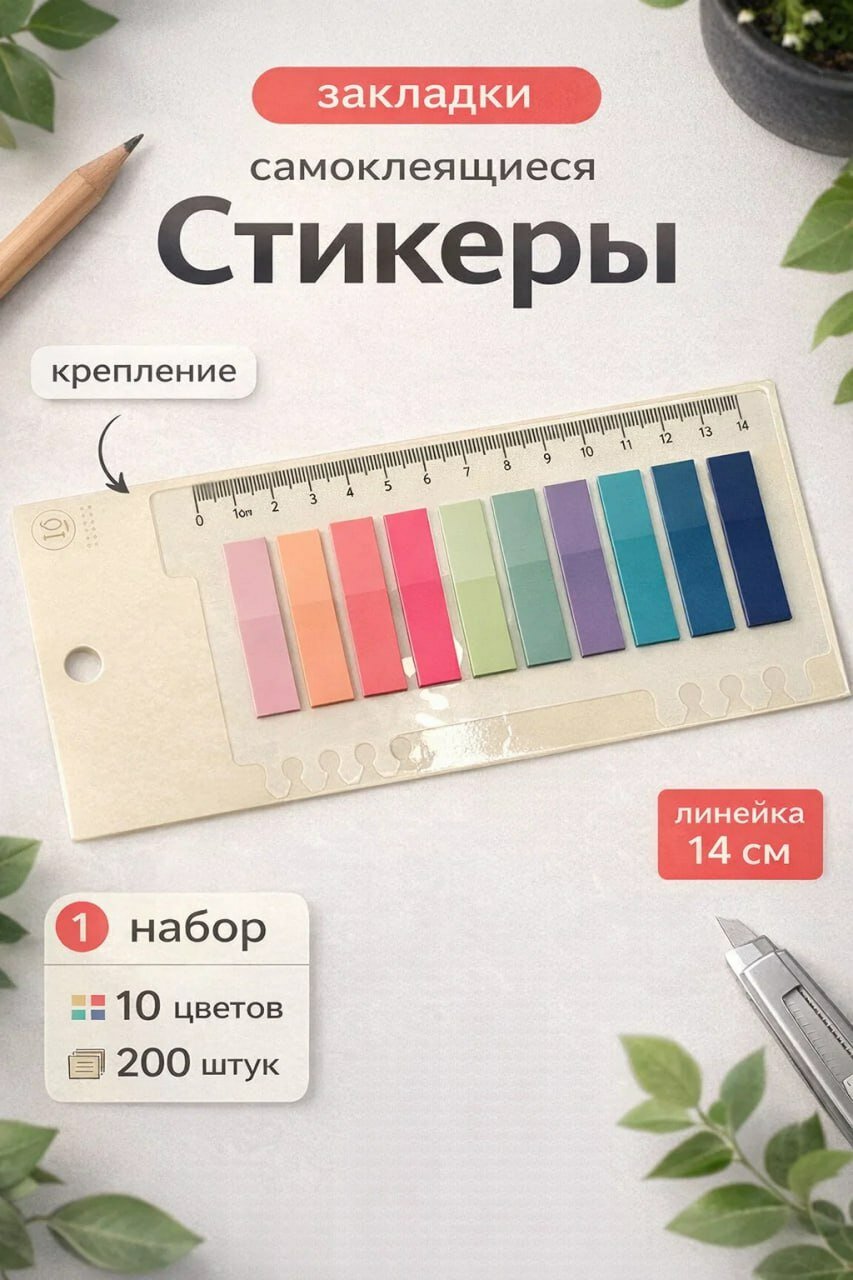 Самоклеящиеся закладки Color Note (10 цветов, 200 шт.) для книг