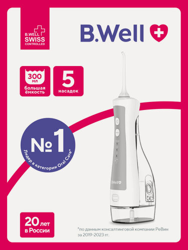 Изображение товара Ирригатор для полости рта портативный MED-915 с увеличенной емкостью 300 мл, 5 насадок в комплекте, индивидуальная настройка мощности