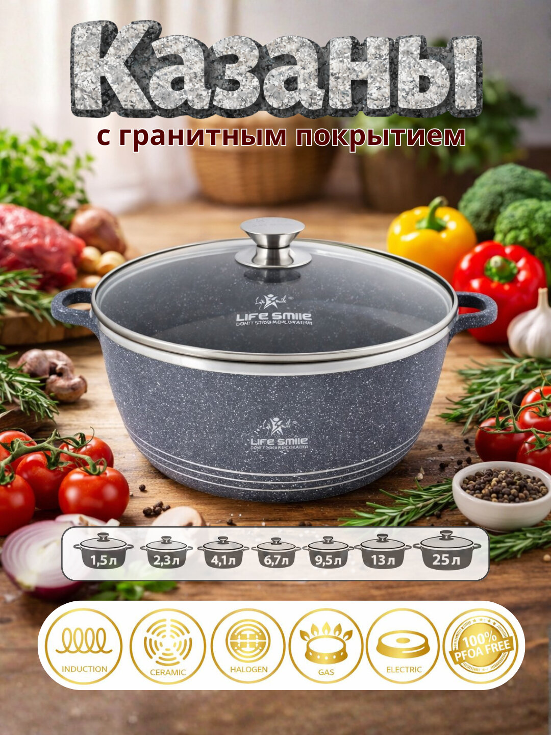 Кастрюля Life Smile с гранитным покрытием, антипригарная, 1.5–25 л - Синий,18