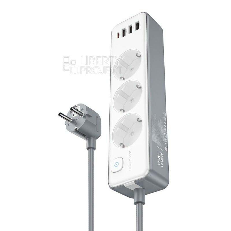 Сетевой фильтр BOROFONE BAC9 3 розетки + 3xUSB + USB-C PD 20W, 2 м, 2500 Вт — фото 1