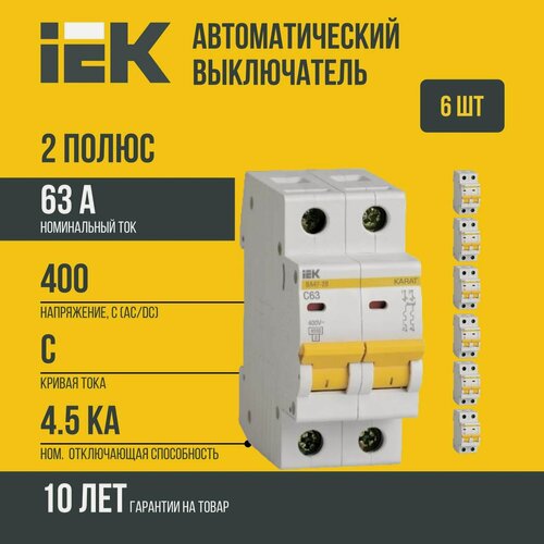 Изображение товара (6 шт)Автоматический выключатель IEK ВА 47-29 (C) 2P 63А MVA20-2-063-C