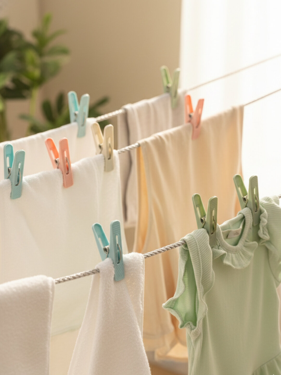 Прочные прищепки с ниткой, 10 штук + нитка, из прочного пластика, не повреждает ткань — фото 1