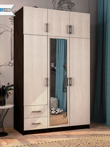 Изображение товара Шкаф для одежды распашной 3-дверный BTS с зеркалом и ящиками, трехстворчатый в спальню и прихожую, цвет венге