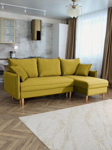 Изображение товара Диван-кровать угловой Фьорд с оттоманкой желтый, правый угол, механизм Тик-так, 216 х145х95 см