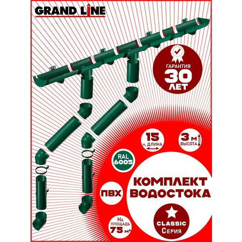 фото Комплект элементов водоотведения grand line на 15 м карниза (120мм/90мм) зеленый, водосточная система для крыши пластик гранд лайн ( ral 6005 мох ) комплект пвх