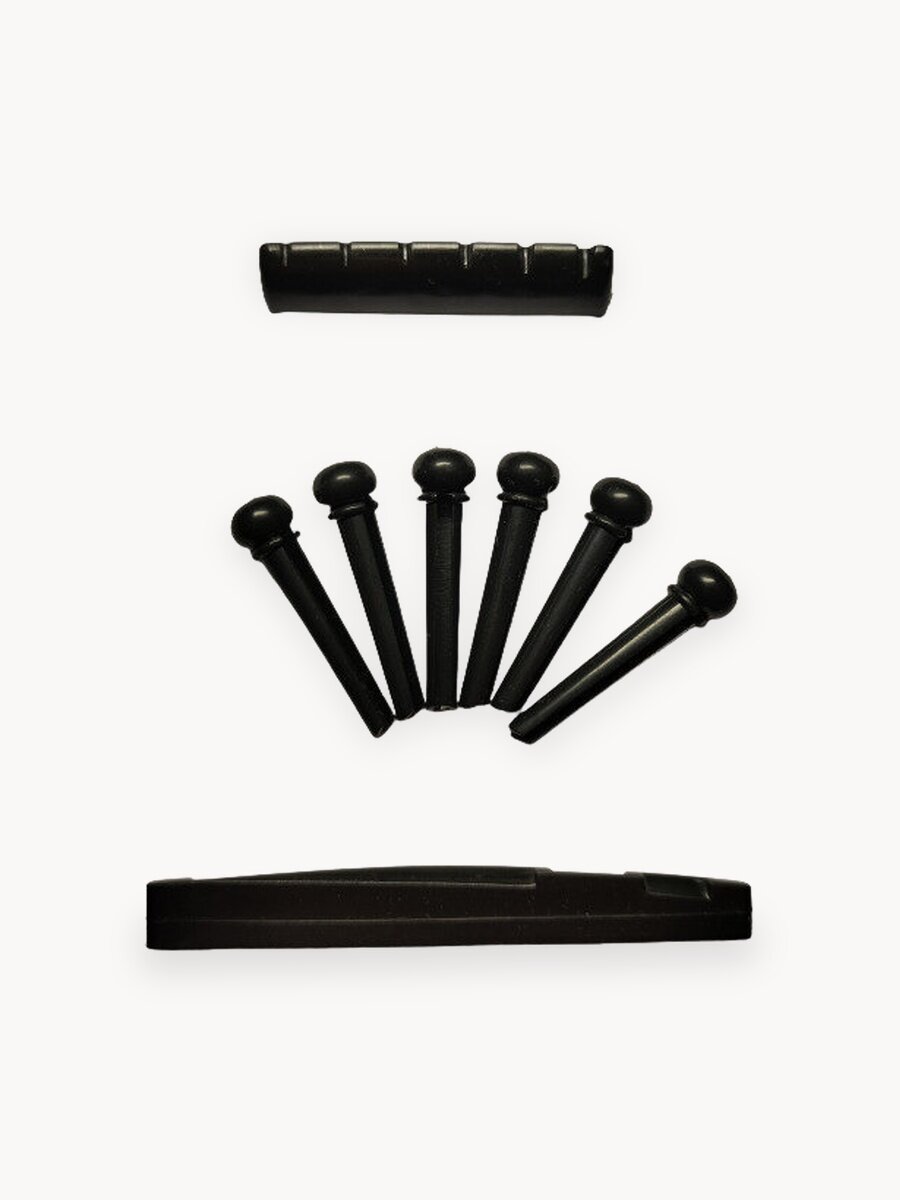 Набор для ремонта 6 струнной гитары. Верхний и нижний порожек и 6 держателей струн. Черные