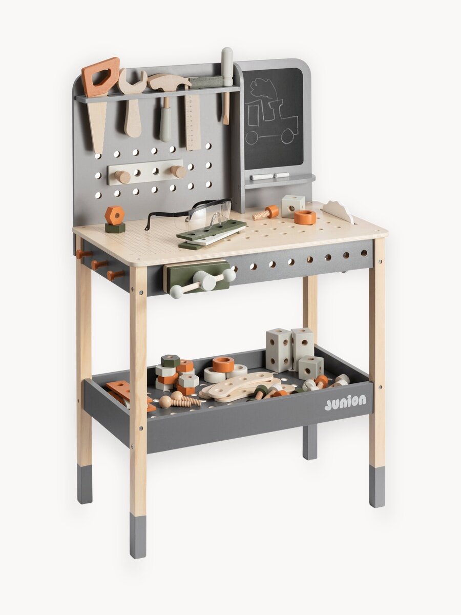 Детский деревянный верстак Junion "Мастерская Винт и Гайка", 61 предмет, 58х37х86, набор инструментов, меловая доска