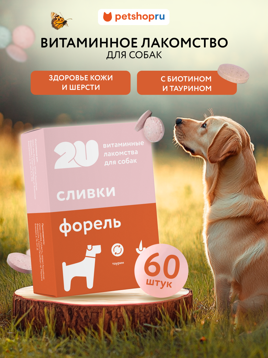2U Мультивитаминное лакомство для собак для красивой кожи и шерсти с биотином, Doggy's beaty Skin&Coat, 60 шт