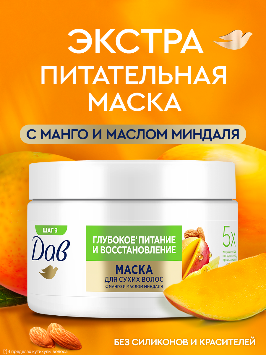 Дав Маска для волос Глубокое Питание восстанавливающая питательная с манго и маслом миндаля, 300 мл