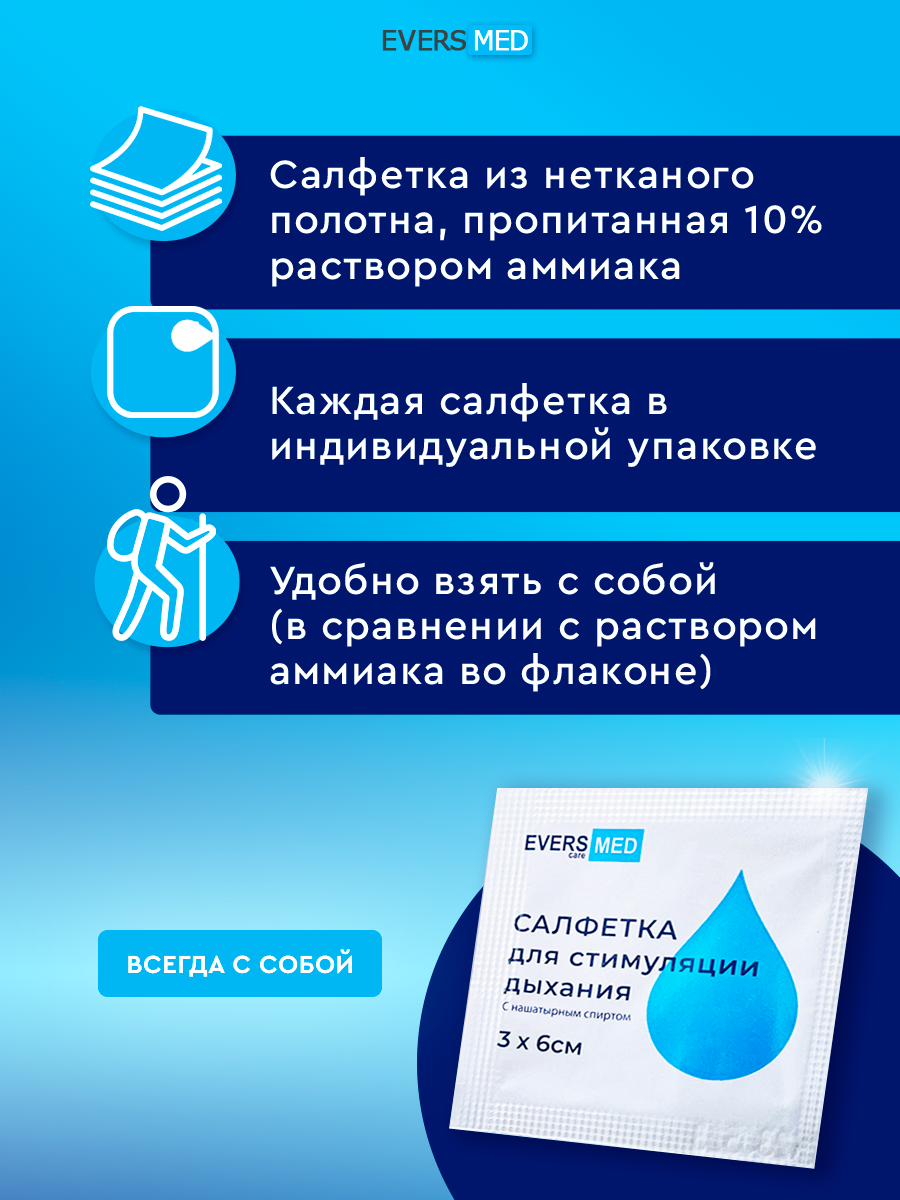 Изображение Салфетки EVERS Life для стимуляции дыхания 3х6 см, в индивидуальной упаковке, 50 шт
