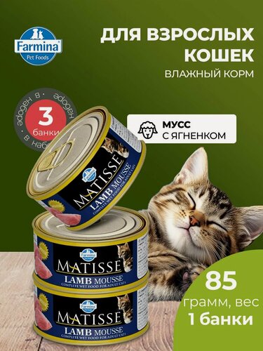 Изображение товара Корм консервированный для кошек Farmina Matisse, Матисс мусс для кошек с ягненком, влажный корм Фармина 85 г - 3 шт