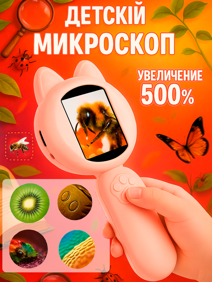 Детский микроскоп лупа цифровой карманный школьный 500х с подсветкой