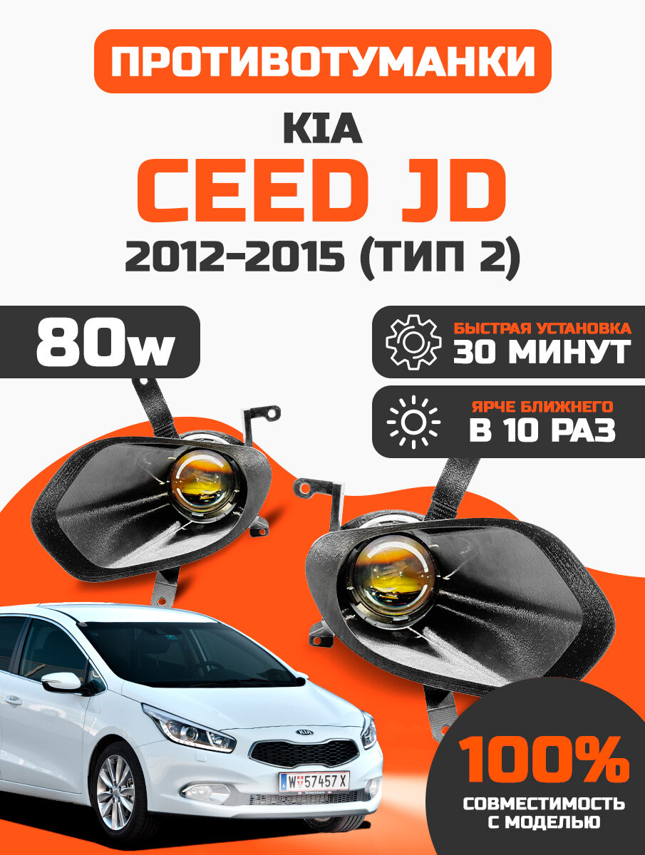 Линзованные светодиодные противотуманные фары ПТФ Kia Ceed JD дорестайлинг тип 2 (2012-2015) LED 85Вт GFD, набор 2 шт.