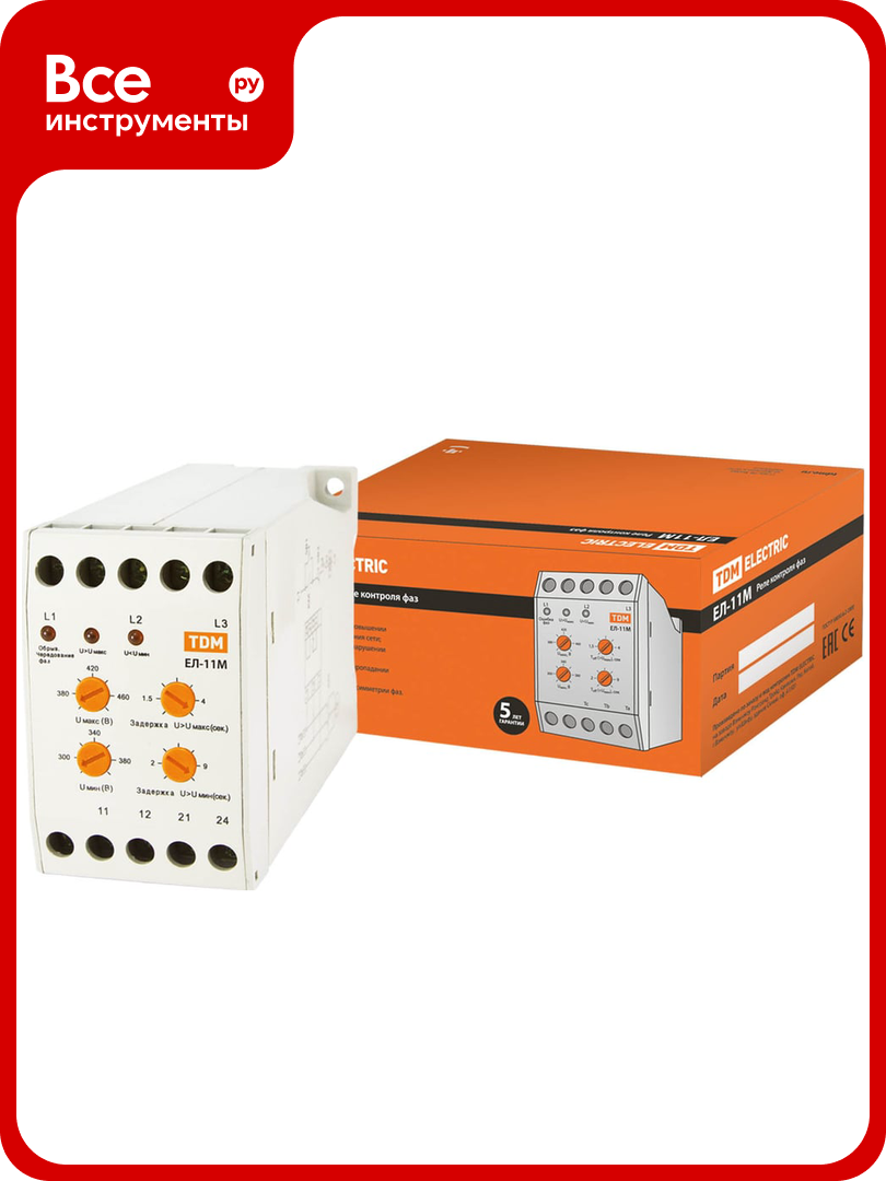 Реле контроля фаз TDM ELECTRIC ЕЛ-11М-3x380В 1нр+1нз контакты SQ1504-0014