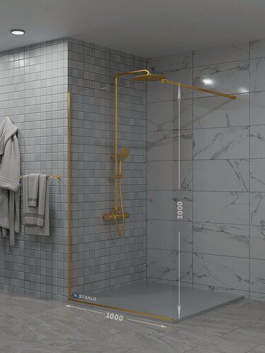 Изображение товара Душевая одиночная перегородка staklo 100x200 из осветленного стекла золото фурнитура