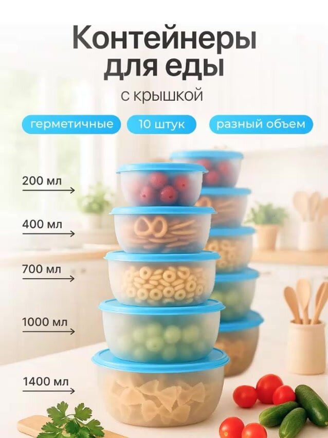 Контейнер для еды Редда, набор контейнеров с крышками, герметичный, ланч бокс, синий, 10 штук — фото 1