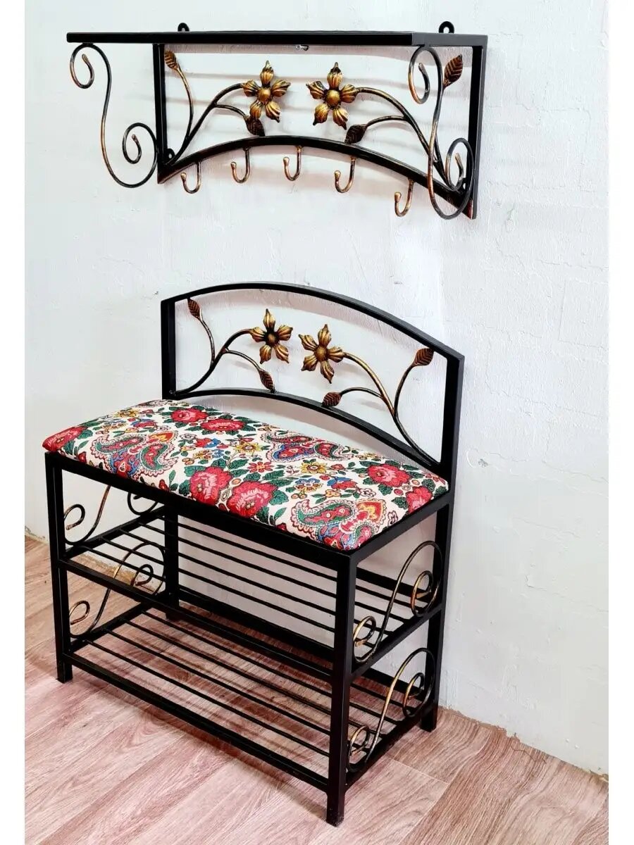 Кованая прихожая, вешалка + банкетка, Студия кованой мебели Нива, цвет томатный — фото 1