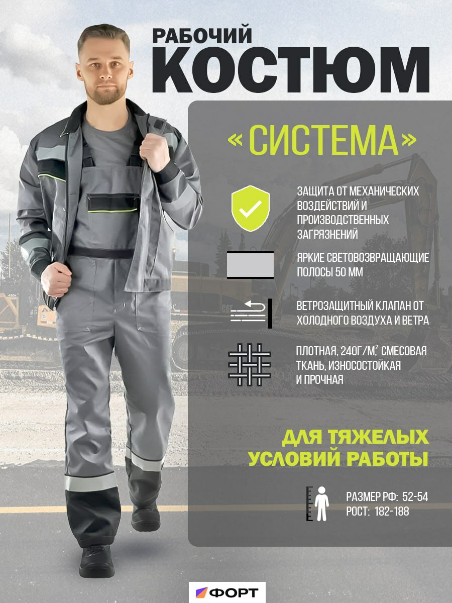 Рабочий костюм Система куртка + полукомбинезон тёмно-серый + черный + лимонный р. 68-70 рост 182-188