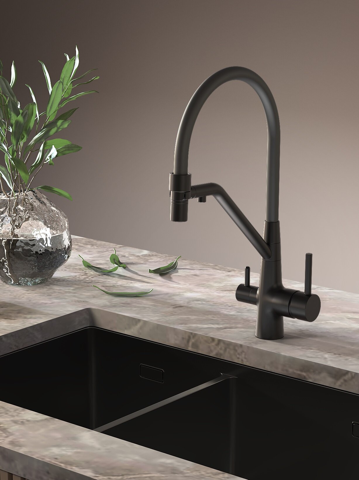 Смеситель для кухни с подключением к фильтру черный ESKO Line EL_MGN flex total black с гибким изливом