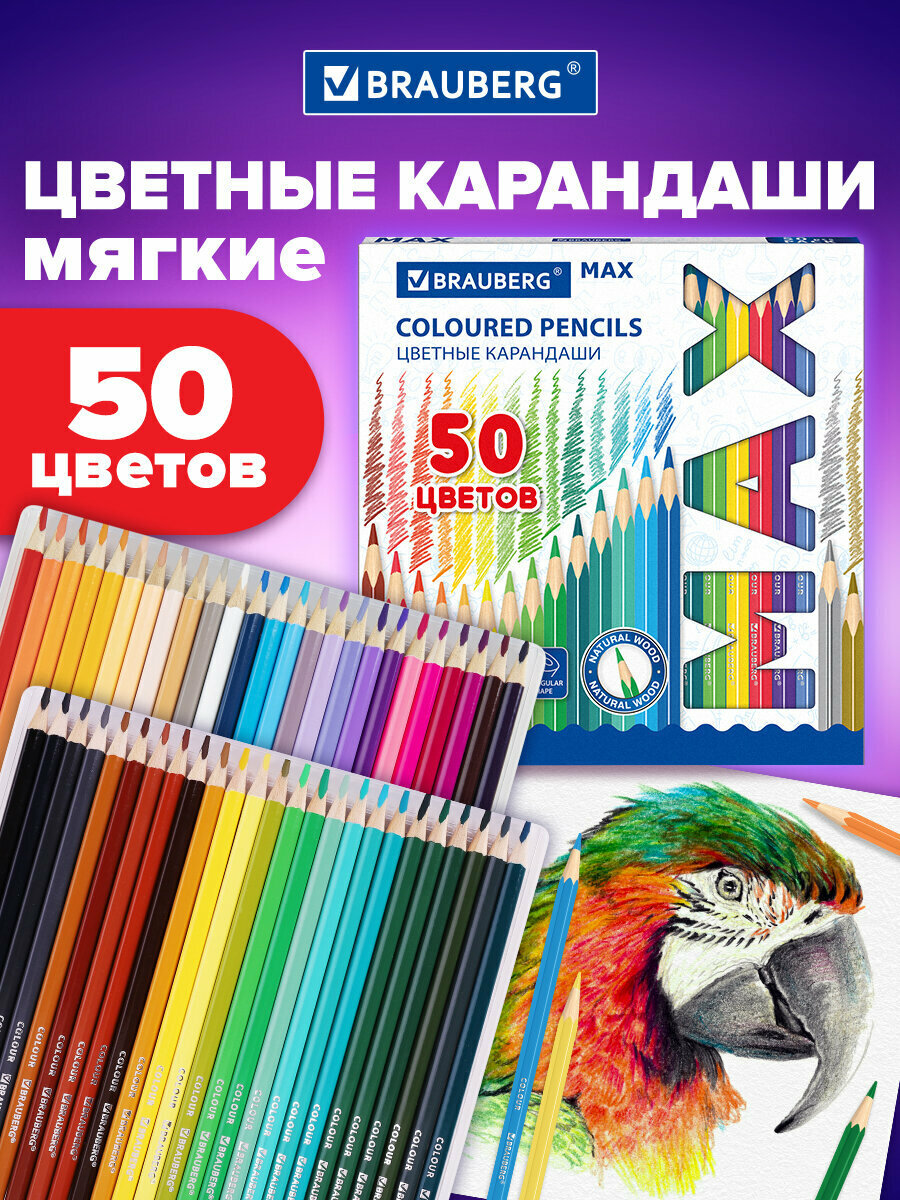 Карандаши деревянные цветные для рисования супермягкие яркие трехгранные Brauberg Max, 50 цветов, грифель мягкий 3,3 мм, натуральное дерево, 181860