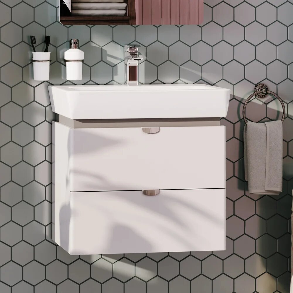 Тумба с раковиной AQUATON Скай PRO 60 подвесная 60 см с ящиками белая прямоугольная в современном стиле из МДФ из фарфора
