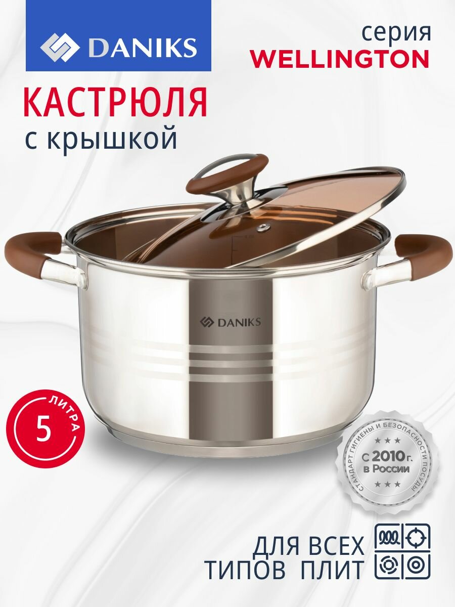 Кастрюля нержавеющая сталь, 5 л, с крышкой, крышка стекло, Daniks, Веллингтон, GS-01415-22CA, индукция