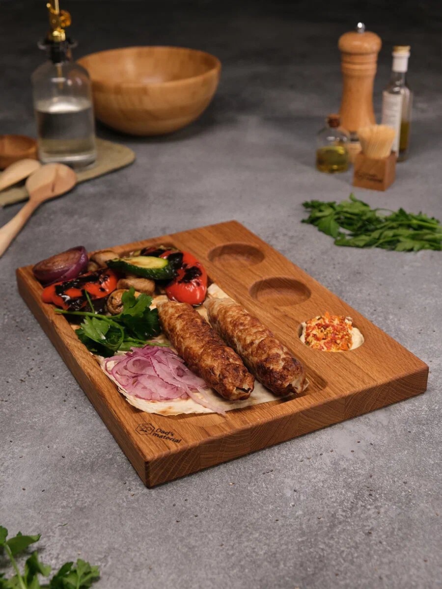 Сервировочная доска Dad's material, деревянная, с 3 соусниками, 30x22, дуб, нескользящее покрытие — фото 1