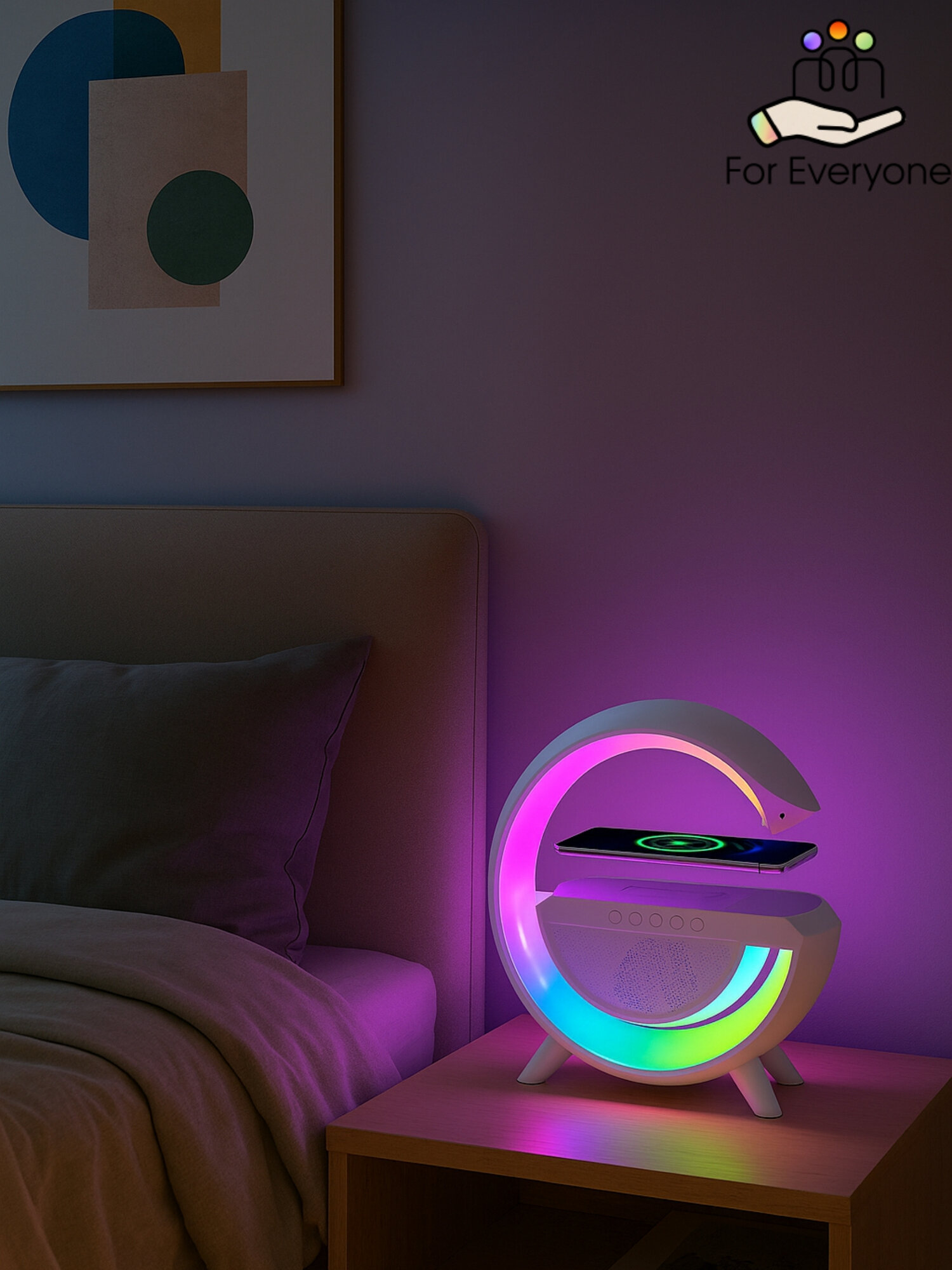 Стильный RGB Ночник с беспроводной зарядкой и Bluetooth колонкой белый