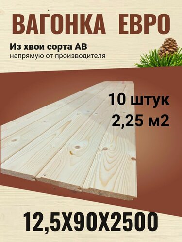 Изображение товара Вагонка евро 12,5х96 (90)х2500 Хвоя сорт АВ / 10 штук (2,25 м2)