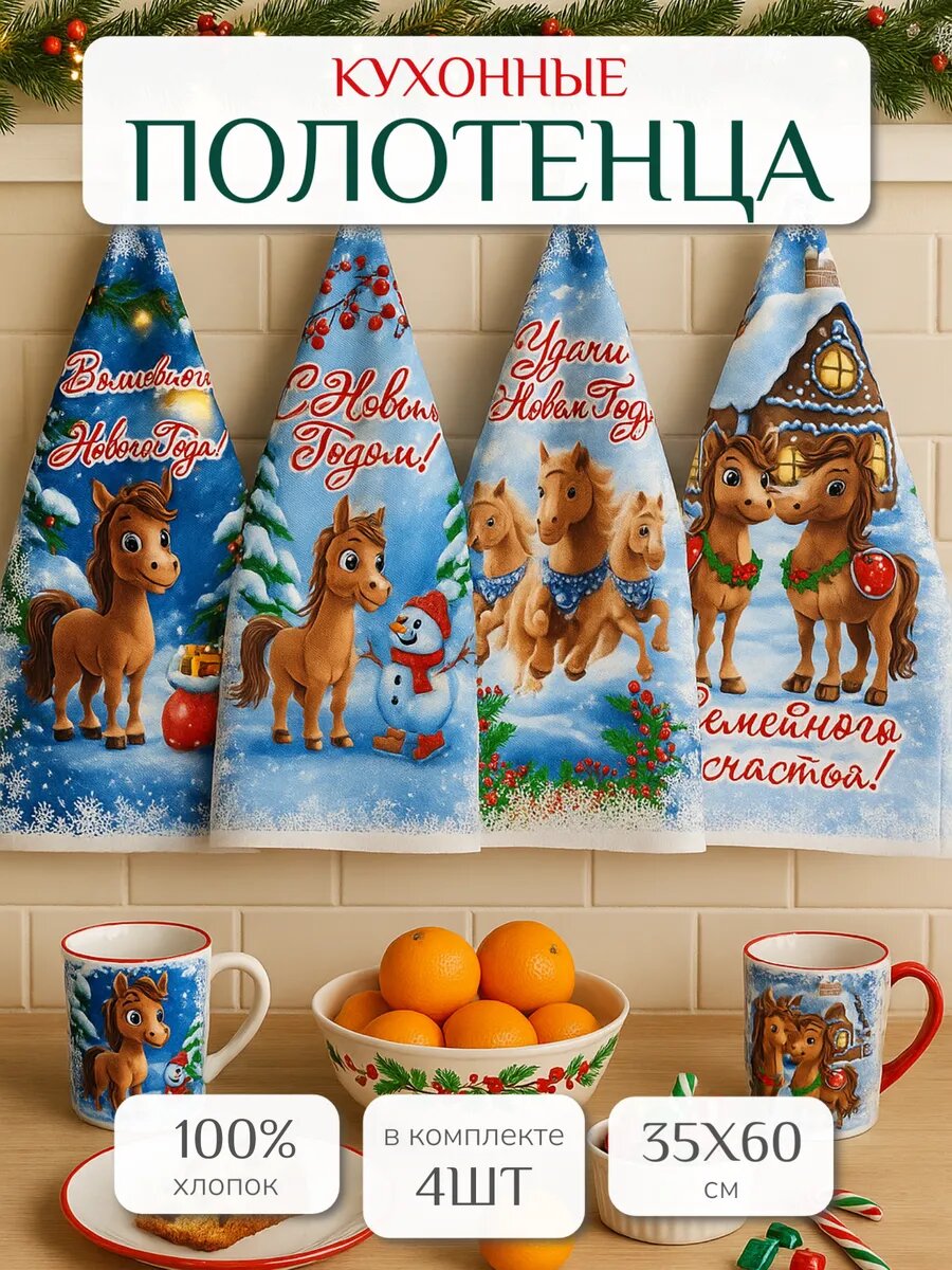 Кухонные полотенца набор 4 шт 35х60 см Павлина вафельные 100% хлопок подарок на Новый год 2026 Лошадки открытки