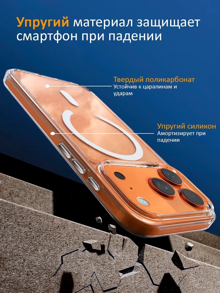 Чехол на айфон 17 Pro Max, c MagSafe, силикон, поликарбонат, прозрачный — фото 1