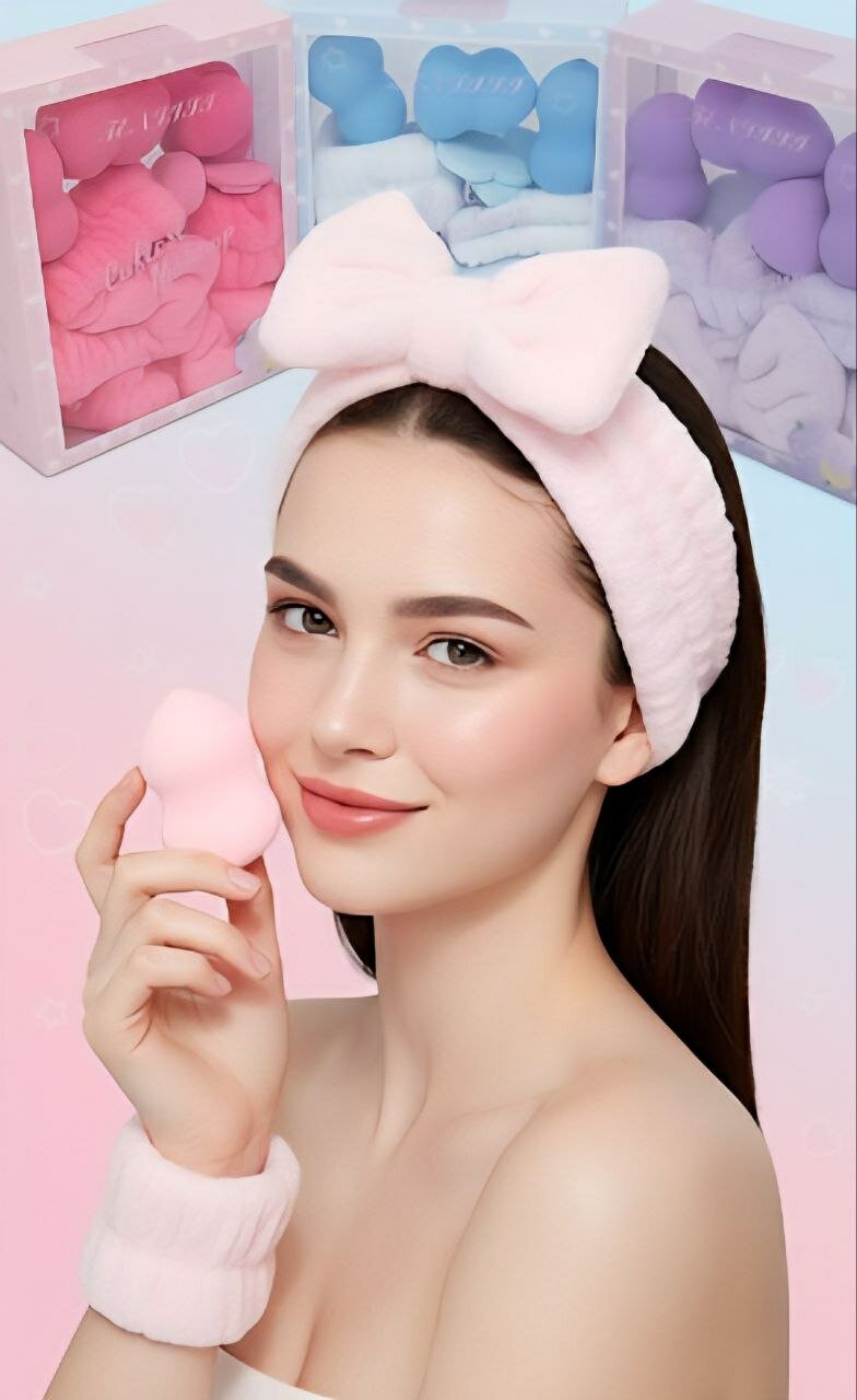 Повязка для умывания, с нарукавниками, набор спонжиков, 9в1, сиреневый